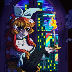 Portrait d'une jeune femme dans le noir devant une fenêtre, éclairé par une bougie et la ville cyberpunk en fond